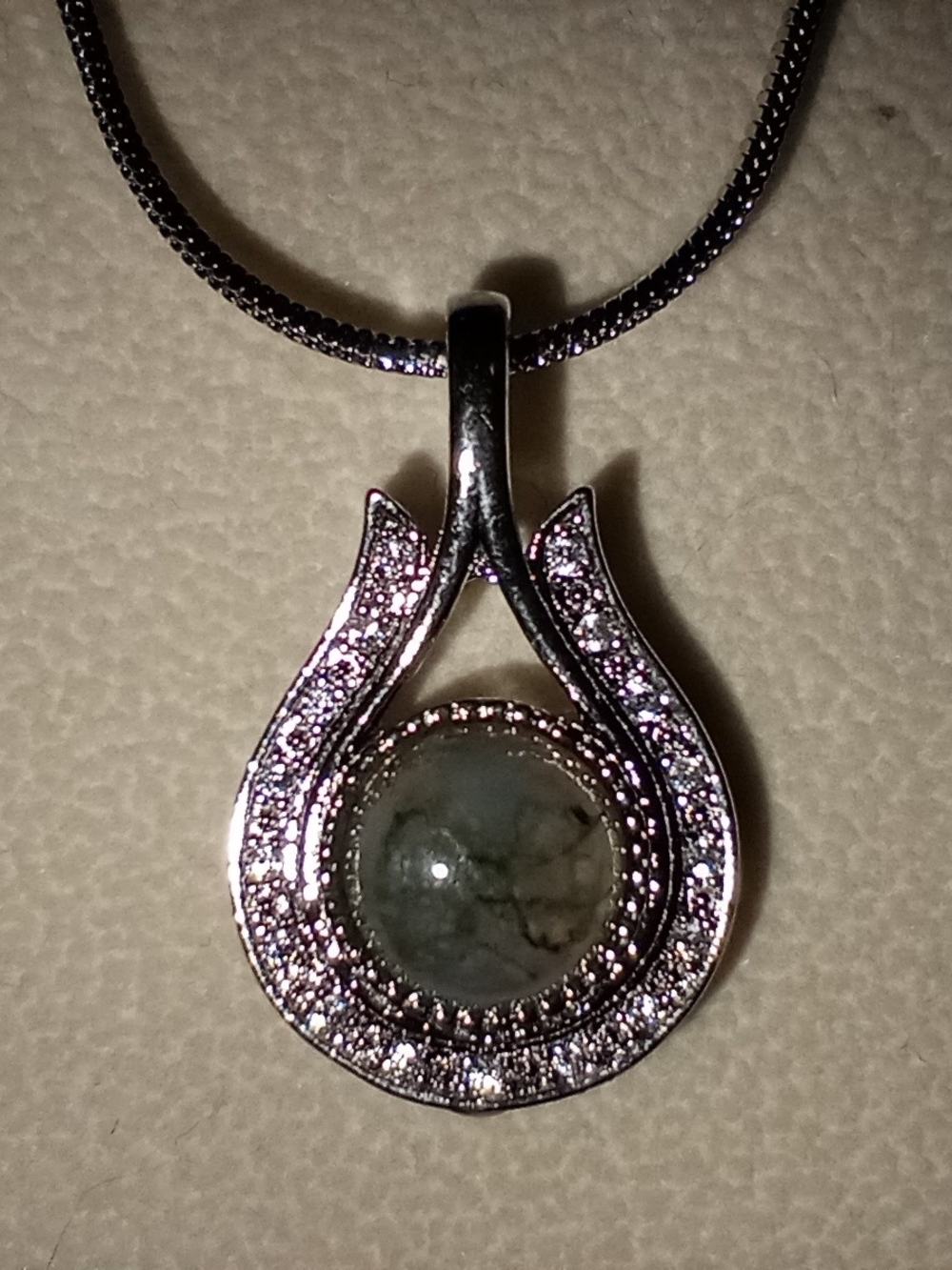Silver-Tone Pendant Necklace with Green Marble Center